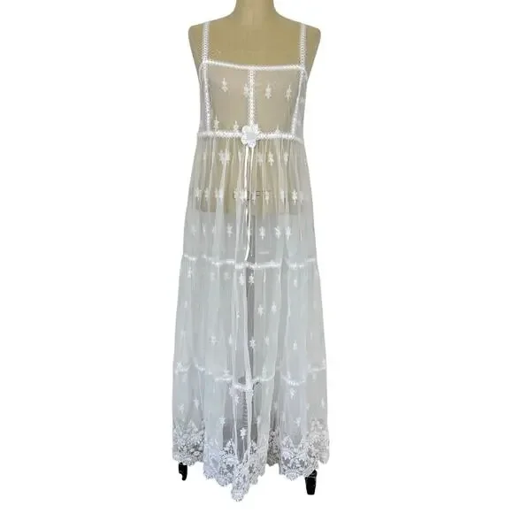 Vintage No Strings Attached Sheer White Floral Coverup Bridal Night Gown Dress M - Picture 1 of 13